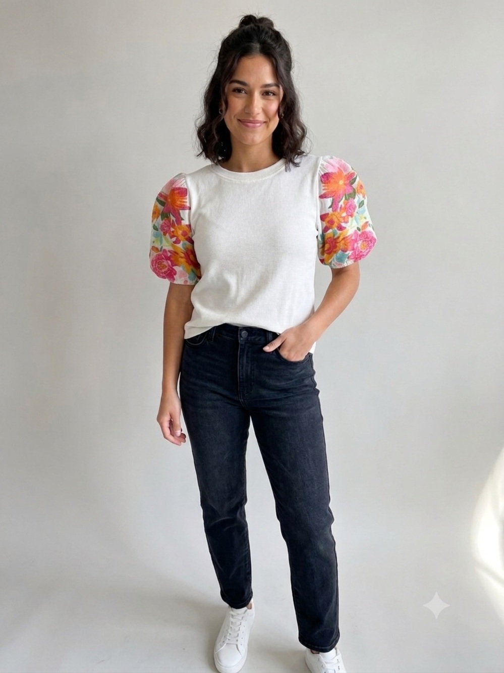 THML White Ribbed Short Sleeve Tee With Floral Embroidered Sleeves